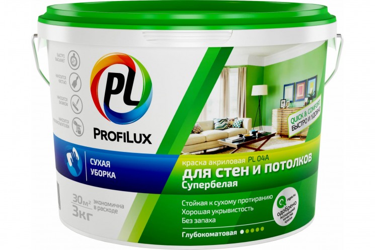 Краска ВД PL-04A акрил.для стен и потолков бел. (3кг)