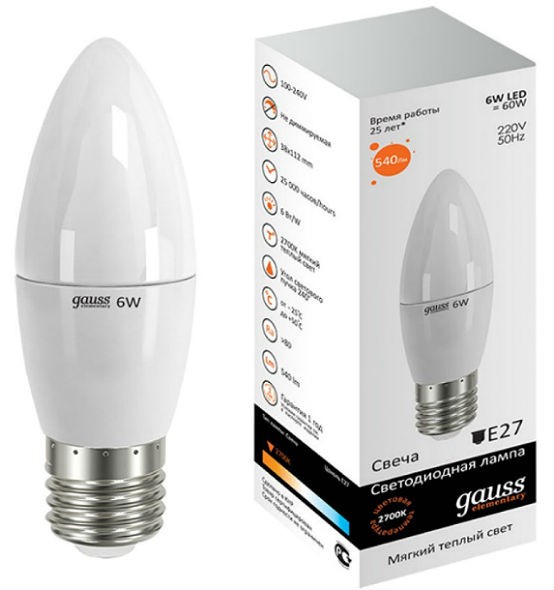 Лампа Gauss LED свеча 6W E27 2700К 33216