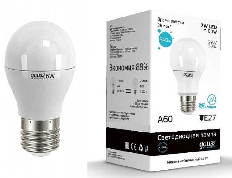 Лампа Gauss LED А60 6W E27 4100К 23226